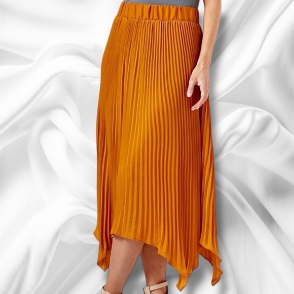 NWOT LOGO by Lori Goldstein Handkerchief Hem Pleated Satin Midi Skirt in Pumpkin - Picture 1 of 13